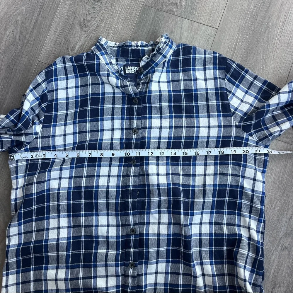 Lands End Plaid Flannel Shirt Womens Large 14-16 Blue White Collared Button Up - Picture 9 of 9